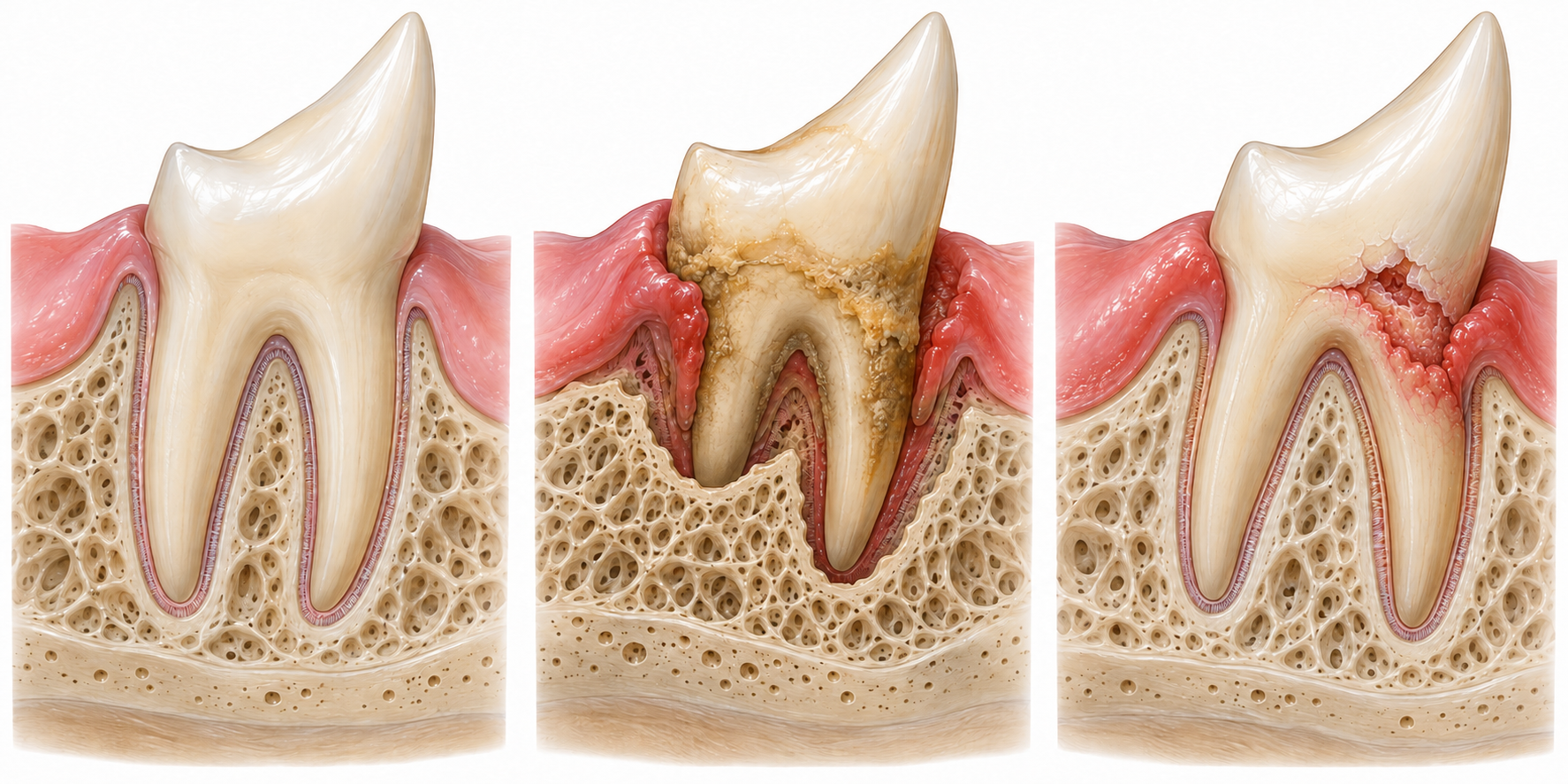Veterinary dental illustration comparing a healthy tooth, periodontal bone loss, and a feline resorptive lesion