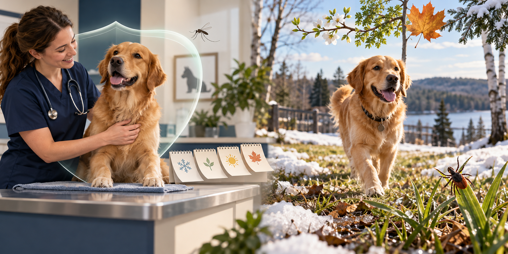 A dog protected from mosquitoes at the veterinary clinic and walking near a tick during a Wisconsin winter thaw